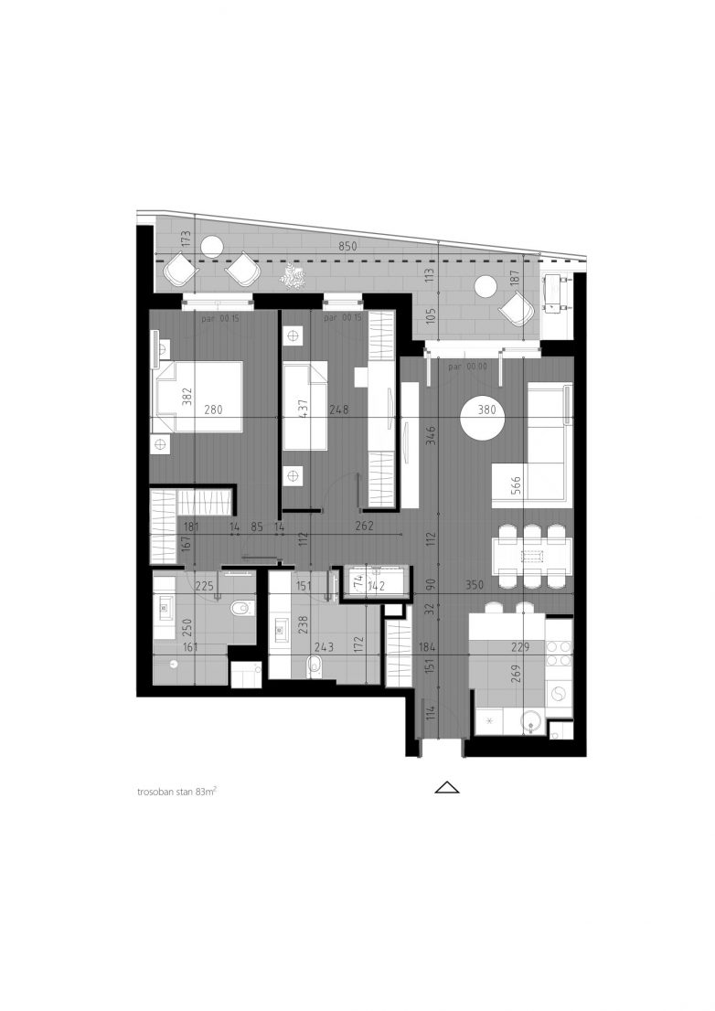 Osnova trosobnog stana od 83 kvadrata